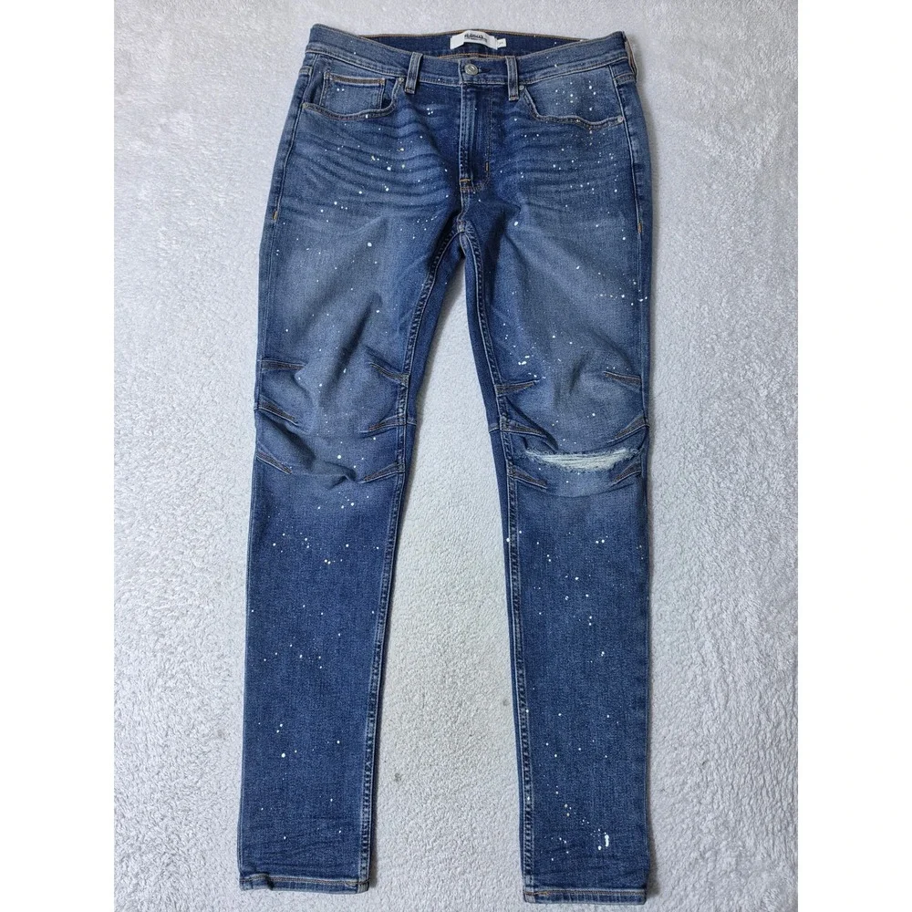 Hudson Zack Skinny Mens 33 Jeans Blue Paint Splatter Distressed Articulated Knee